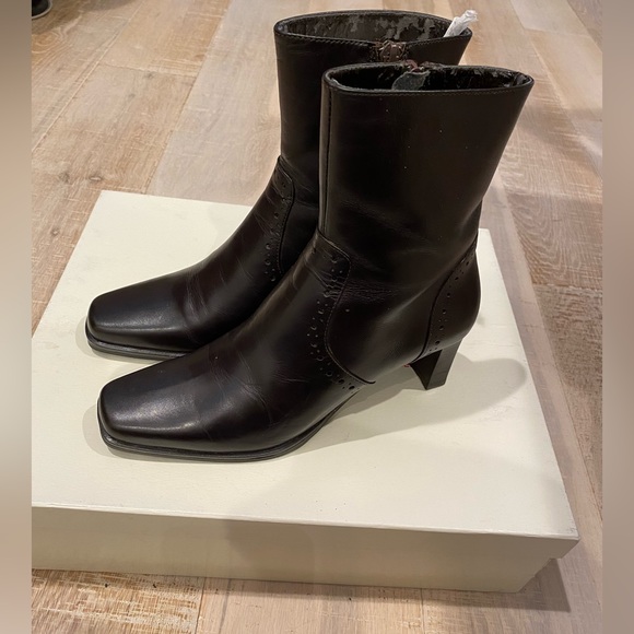 Sudini Shoes - Sudini Leather Heeled Square Toe Boots Chocolate Brown Size 5